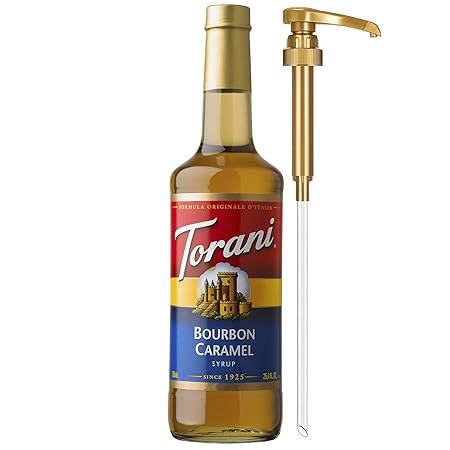 Torani Coffee Syrup, Bourbon Caramel Flavoring for Drinks, Glass Bottle with Pump Included, 25.4 Fl Oz