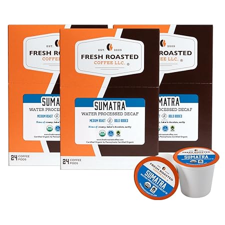Fresh Roasted Coffee, Organic Sumatra Water-Processed Decaf | 100% Single Origin, USDA Organic, Kosher | Medium Roast K-Cup Compatible | 72 Pods