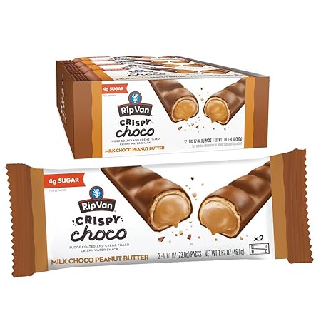 Rip Van Crispy Choco - Chocolate Coated Peanut Butter Wafer Bars - Low Sugar Fudge and Peanut Butter Cream Filled Snack - 12 Pack