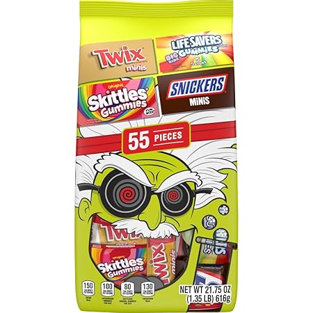 SNICKERS, SKITTLES Gummies, TWIX & LIFE SAVERS Gummies Fun Size and Mini Chocolate Candy Variety Pack, Halloween Candy, 55 Ct Bulk Bag