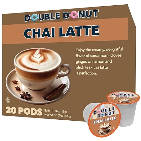 Double Donut Chai Latte Pods – Spiced & Creamy Chai Tea Latte – Notes of Cinnamon, Cardamom, Cloves & Ginger, Compatible with Keurig Brewers, 20 Count