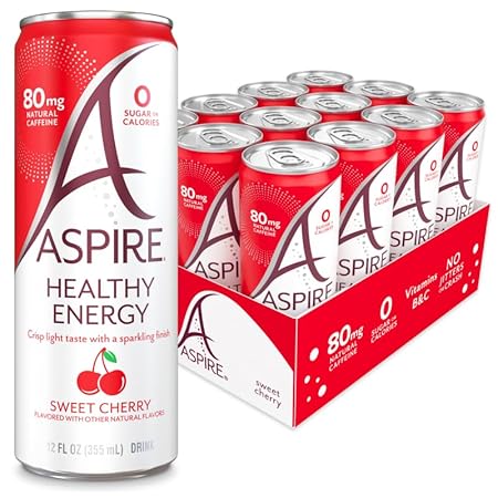 ASPIRE® Sweet Cherry, Healthy Energy Drink 80mg Natural Caffeine, Zero Sugar No Carbs Keto Friendly, 12 Pack Green Tea Sugar Free Drink Low Caffeine Zero Calorie