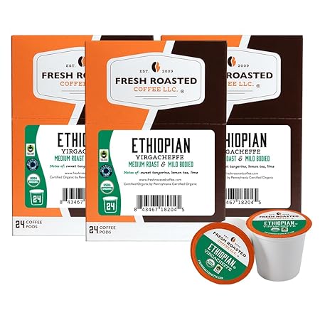 Fresh Roasted Coffee, Organic Ethiopian Yirgacheffe | USDA Organic, Mold & Myco 3rd Party Tested, Kosher | 72 Pods for K Cup Brewers