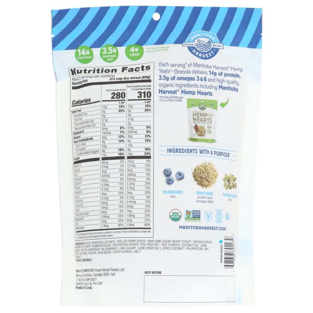 MANITOBA HARVEST: Blueberry Hemp Yeah! Granola -Organic & Protein-Rich 10 oz