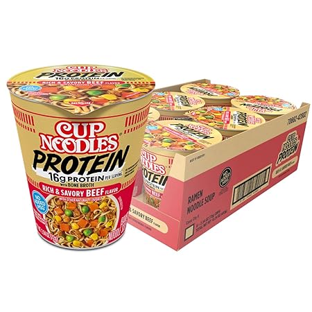 Nissin Cup Noodles Protein Ramen, Beef Flavor with Bone Broth, 16g Protein, 2.54 Ounce Cup (Pack of 6)