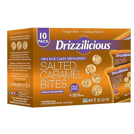 Drizzilicious Mini Rice Cakes Salted Caramel - Rice Crisps, Healthy Snack for Adults and Kids, Flavored Rice Cakes, Vegan, Gluten Free, Allergen Free, Only 90 Calories Per Bag - 0.74 oz (Pack of 10)
