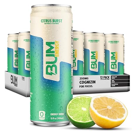 BUM Sugar-Free Energy Drink, Citrus Burst - Lightly Carbonated & No Artificial Colors, Natural Caffeine & Citicoline for Energy & Focus, Brain Boost & Workout Sports Beverage - 12 oz, Pack of 12