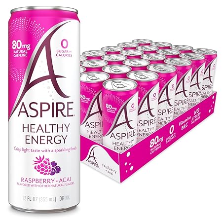 ASPIRE® Raspberry Acai, Healthy Energy Drink 80mg Natural Caffeine, Zero Sugar No Carbs Keto Friendly, 24 Pack Green Tea Sugar Free Drink Low Caffeine Zero Calorie