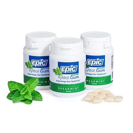 Epic 100% Xylitol Spearmint Chewing Gum - Sugar Free, Aspartame Free Dental Gum - Supports Oral Health & Fresh Breath - 50 Pieces (Pack of 3)
