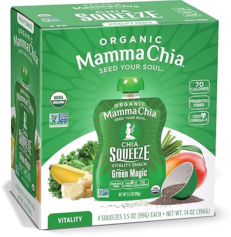 Mamma Chia Organic Vitality Squeeze Snack, Green Magic, 24- 3.05 Ounce Chia Snack. USDA Organic, Non-GMO, Vegan, Gluten Free, and Kosher. Fruit and Vegetables with only 70 Calories