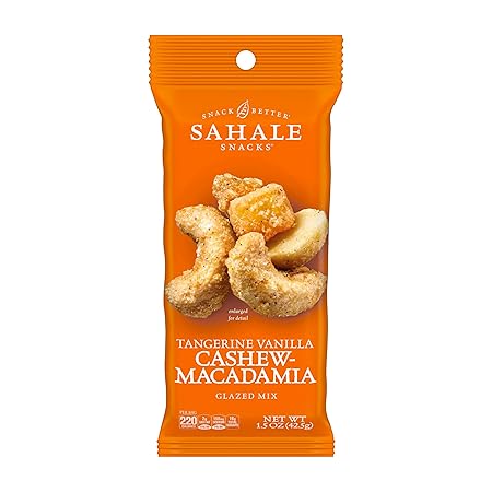 Sahale Snacks Tangerine Vanilla Cashew-Macadamia Glazed Mix,1.5 oz Grab & Go Bags(18 Packs)Dry-Roasted Deluxe Mixed Nuts with Mangoes & Madagascar Vanilla-Non-GMO,Kosher,& Certified Gluten Free Snacks