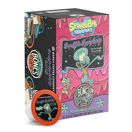 Bones Coffee Company Spongebob Soufflé Symphony, Chocolate Soufflé Flavored Coffee Pods, Low Acid Medium Roast Single-Serve Bones Cups, Compatible with 1.0 & 2.0 Capsule Brewers Coffee Maker, 12 Count