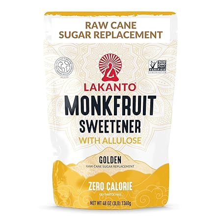Lakanto Golden Monk Fruit Sweetener With Allulose, Raw Cane Sugar Substitute From Monk Fruit Extract, Raw Sugar Replacement for Baking, Coffee & Tea, Gluten Free, Low Carb, Non GMO, Keto, 3 LB Bag