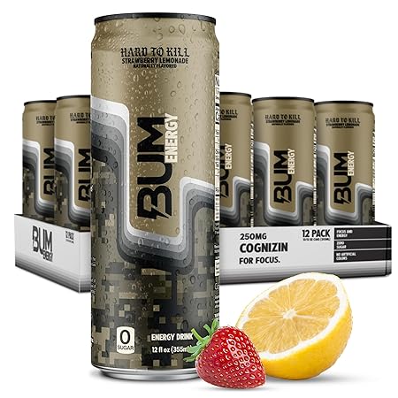 BUM Sugar-Free Energy Drink, Strawberry Lemonade - Lightly Carbonated & No Artificial Colors, Natural Caffeine & Citicoline for Energy, Focus, Brain Boost & Workout Sports Beverage - 12 oz, Pack of 12