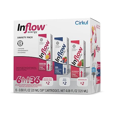Cirkul Inflow Energy Caffeine Flavor Water Variety Pack, Makes 36 Drinks, No Sugar, Zero Calorie Drink Mix, (2 Passion Fruit Dragon Fruit, 2 Wild Berry, 2 Watermelon)