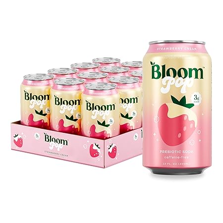Bloom Pop Prebiotic Soda 12 Pack, Strawberry Cream Flavor, 12oz Cans | Prebiotic Soda for Gut Health, Low Calorie Soda, No Caffeine, Healthy Soft Drink Alternative
