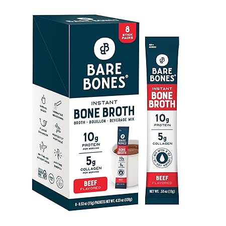 Bare Bones Beef Bone Broth Instant Powdered Mix | Rich Savory Packets on-the-Go No Artificial Flavors | 100% Grass Fed Keto & Paleo Friendly | 10g Protein | 8 Pack