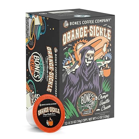 Bones Coffee Company Orange Sickle, Orange Vanilla Cream Flavored Coffee Pods, Low Acid Medium Roast Single-Serve Bones Cups, Compatible with 1.0 & 2.0 K-Cups Brewers Coffee Maker, 12 Count
