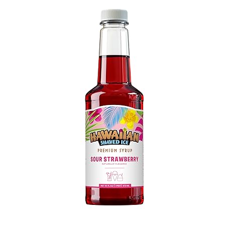 Hawaiian Shaved Ice Sour Strawberry Syrup - Nut Soy Dairy Free - Flavor Fluffy & Crunchy Snow Cones - Shelf Stable - Makes 8 Servings - 16 ounces