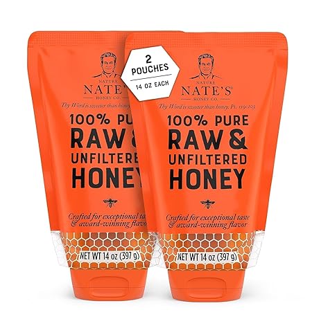 Nature Nate's 100% Guarantee Pure Raw & Unfiltered Honey, No-Drip Sustainable Squeeze Pouch, 14 Oz (Pack of 2)