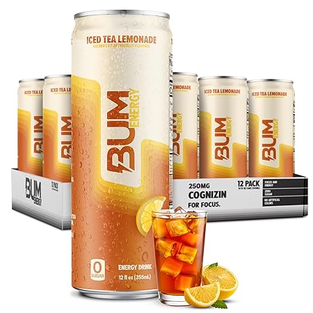 BUM Sugar-Free Energy Drink, Iced Tea Lemonade - No Artificial Colors, Natural Caffeine & Citicoline for Energy & Focus, Brain Boost & Workout Sports Beverage - 12 oz, Pack of 12