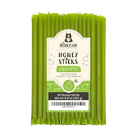 The Honey Jar Green Apple Flavored Honey Sticks - Pure Honey Straws For Tea, Coffee, or a Healthy Treat - One Teaspoon of Flavored Honey Per Stick - Made In The USA with Real Honey - (50 Count)