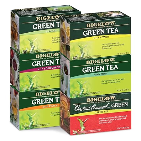 Bigelow Tea Green Tea Variety Pack, Classic Green Tea, Lemon, Pomegranate, Mint, Peach and Constant Comment Flavors, 20 Count Box (Pack of 6), 120 Total Tea Bags