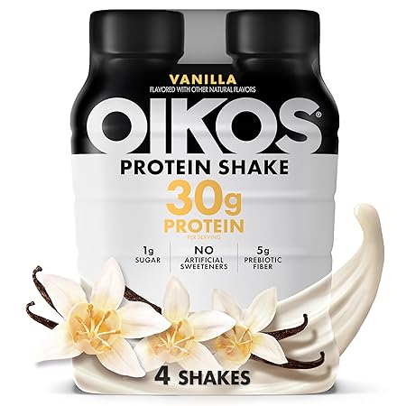 Oikos Protein Shake, Vanilla, 30g High Protein Drinks, Shelf Stable, Ready to Drink, 5g Prebiotic Fiber, 12 fl oz Bottle, 4 Count