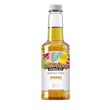 Hawaiian Shaved Ice Banana Syrup - Nut Soy Dairy Free - Flavor Fluffy & Crunchy Snow Cones - Shelf Stable - Makes 8 Servings - 16 ounces