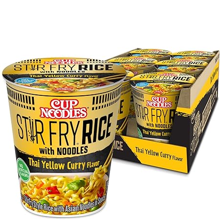 Nissin Cup Noodles Stir Fry Rice with Noodles, Thai Yellow Curry, 2.61 Ounce (Pack of 6)