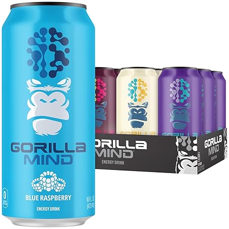 Gorilla Mind Energy Drink | Unmatched Energy · Amplified Focus | N-Acetyl-L-Tyrosine, Alpha-GPC, 200mg Caffeine, Uridine, Saffron | 0 Sugar Or Artificial Colors | 16oz | 12-Pack (Variety Pack #1)