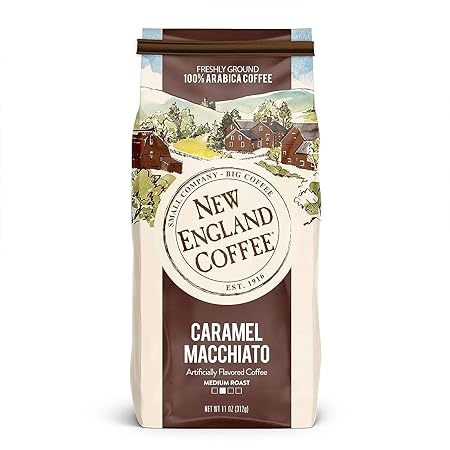 New England Coffee Caramel Macchiato Medium Roast Ground Coffee, 11oz Bag (Pack of 6)
