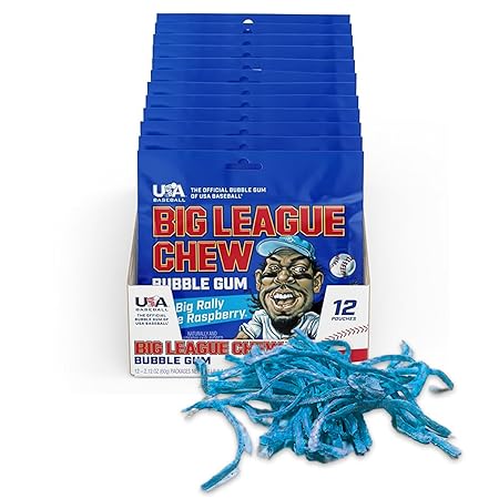 Big League Chew Big Rally Blue Raspberry Bubble Gum - Bold Blue Raspberry Blast | Perfect for Baseball Games, Teams, Concessions, Parties, and More | Pack of 12 Bags (2.12oz Each)