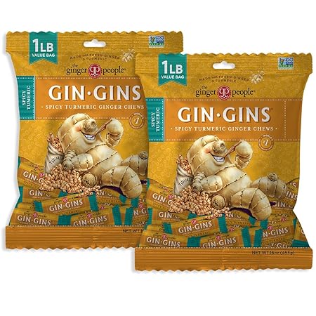 GIN GINS Spicy Turmeric Ginger Chews – Natural Fresh Ginger Candy by The Ginger People – Individually Wrapped Healthy Candy – Turmeric Flavor – Large 1 lb Bag (16oz) – Pack of 2