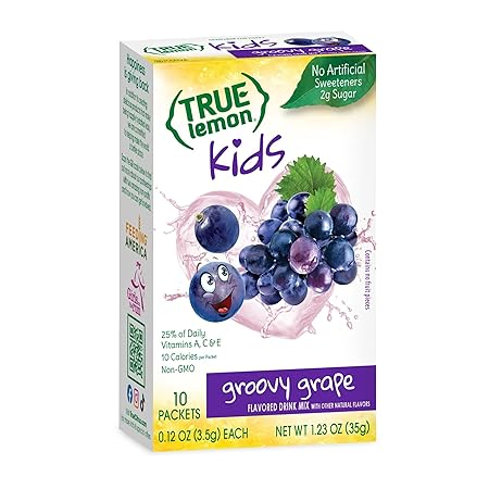 TRUE LEMON KIDS Groovy Grape (10 Packets) for Hydration - No Preservatives, No Artificial Flavors, No Artificial Sweeteners - Low Sugar Water Flavoring - Powdered Drink Mix for Kids