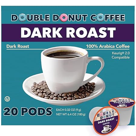 Double Donut Dark Roast Coffee Pods, Extra Bold Blend Coffee, Compatible with Keurig K Cups Brewers, 20 Count 20 Count