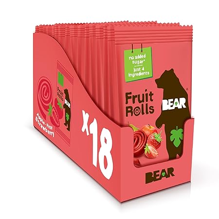 BEAR Real Fruit Snack Rolls - Gluten Free, Vegan, and Non-GMO - Strawberry – 36 Rolls, Healthy School And Lunch Snacks For Kids And Adults, 0.7 Ounce (Pack of 18)