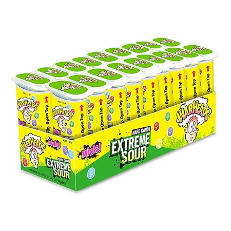 WARHEADS - Extreme Sour Hard Candy Minis - Sour Apple, Black Cherry, Blue Raspberry, Lemon & Watermelon Flavors - 1.75 oz. Container - 18 pack