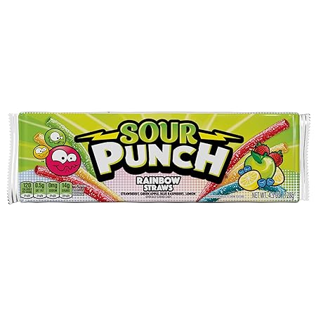 Sour Punch Straws, 4 Rainbow Fruit Flavors, Chewy Sweet & Sour Candy, 4.5oz Tray (24 Pack)