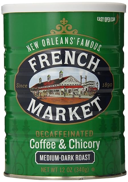 French Market Coffee & Chicory Decaffeinated Medium-Dark Roast Ground Coffee, 12oz Can (Pack of 6)
