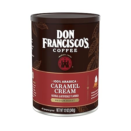 Don Francisco's Caramel Cream Ground Flavored Coffee: Rich, Aromatic 100% Arabica Beans - Expertly Roasted for a Delightful Morning Brew (12 oz Can)
