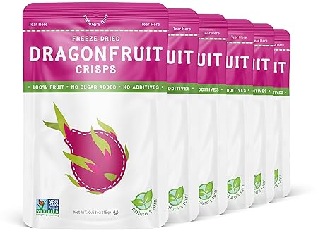 Nature’s Turn Freeze-Dried Dragon Fruit Crisps – Healthy, Gluten-Free, Crispy & Delicious, Plant-Based Snack, Ideal for Cereal, Smoothies, School Lunches, & On-the-Go, Pack of 6 (0.53 oz Each)
