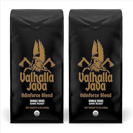 Death Wish Coffee, Valhalla Java Odinforce Blend - Whole Bean Dark Roast - Extra Kick of Caffeine - Arabica & Robusta Beans - 12 Ounce (Pack of 2)