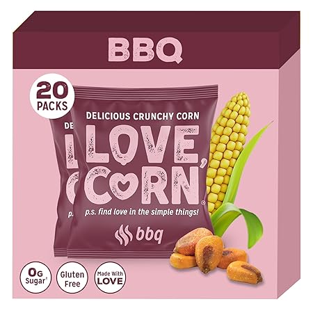 LOVE CORN BBQ 0.7oz x 20 Bags - Delicious Crunchy Corn - Healthy Family Snacks - Gluten Free, Kosher, NON-GMO - Alternative for Chips, Nuts, Crackers & Pretzels - Perfect for Charcuterie Boards