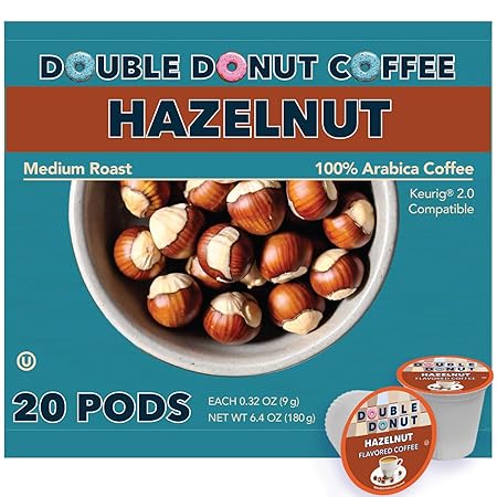 Double Donut Hazelnut Flavored Coffee pods, Medium Roast Coffee,Compatible with Keurig K Cups Brewers, 20 Count