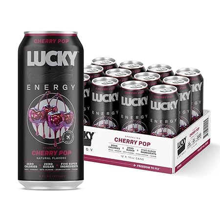 Lucky Energy Sugar Free Energy Drinks, Cherry Pop, 16oz Cans (12-Pack) Healthy, Zero Sugar Energy Drink with Maca, Ginseng, Beta-Alanine, Taurine & 200mg Caffeine