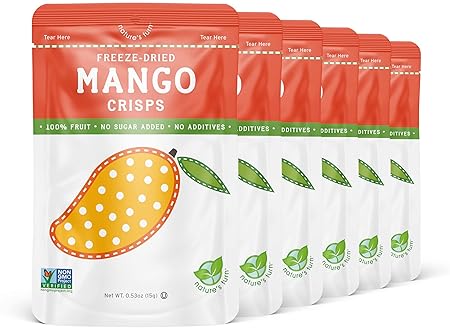 Nature’s Turn Freeze-Dried Mango Crisps – Healthy, Gluten-Free, Crispy & Delicious, Plant-Based Snack, Ideal for Cereal, Smoothies, School Lunches, & On-the-Go, Pack of 6 (0.53 oz Each)