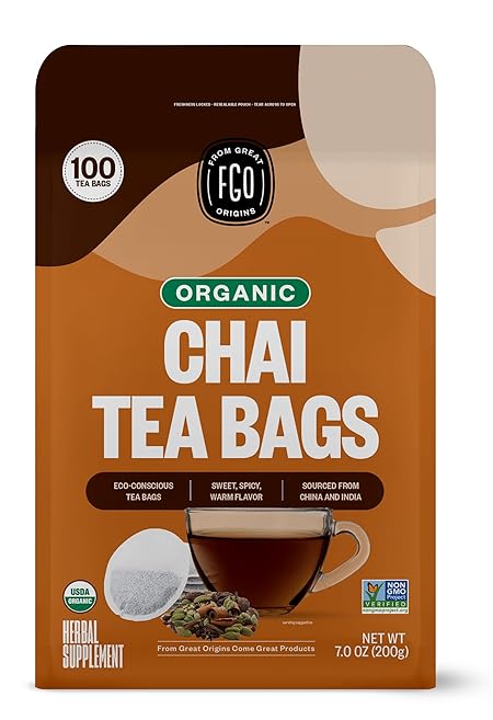 FGO Organic Chai Tea, 100 Count, Eco-Conscious Tea Bags, Resealable Bag, Packaging May Vary (Pack of 1)