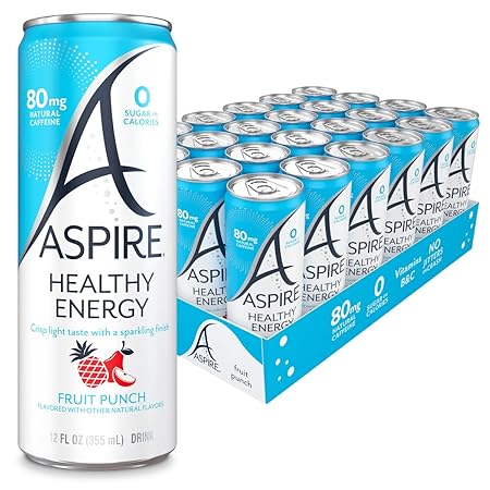 ASPIRE® Fruit Punch, Healthy Energy Drink 80mg Natural Caffeine, Zero Sugar No Carbs Keto Friendly, 24 Pack Green Tea Sugar Free Drink Low Caffeine Zero Calorie