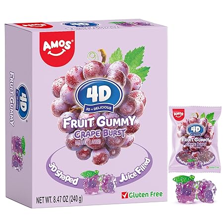 AMOS 4D Gummies Grape Burst Fruit-Shaped Gummy Candy, Natural Flavor Individual Sharing Pack For Parties, School Lunchbox & Family Movie Night Snacks 240g (8.5 Oz) | Fun, Chewy, Shareable Treat